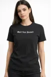 Kadın Wafıl Kumaş Tişört Regular Kalıp Bisiklet Yaka Baskılı Günlük Basic T-shirt - Siyah