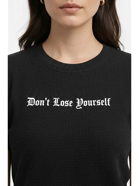 Kadın Wafıl Kumaş Tişört Regular Kalıp Bisiklet Yaka Baskılı Günlük Basic T-shirt - Siyah