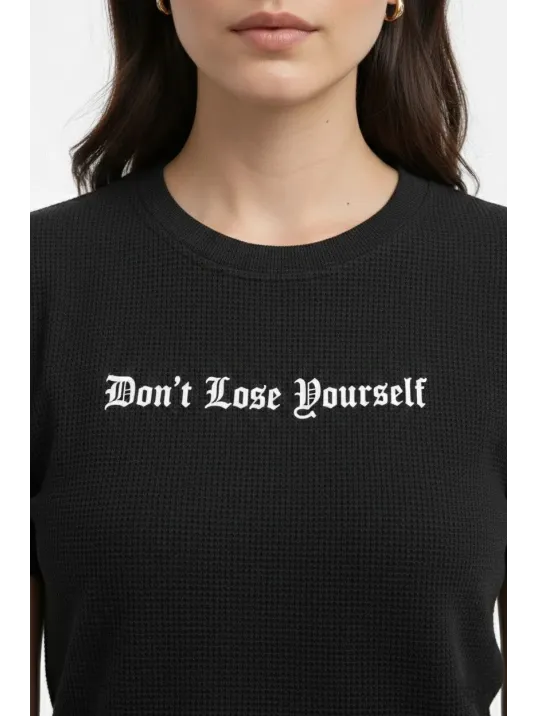 Kadın Wafıl Kumaş Tişört Regular Kalıp Bisiklet Yaka Baskılı Günlük Basic T-shirt - Siyah