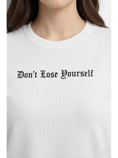 Kadın Wafıl Kumaş Tişört Regular Kalıp Bisiklet Yaka Baskılı Günlük Basic T-shirt - Beyaz