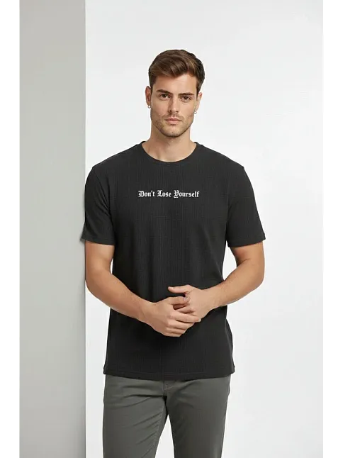 Erkek Wafıl Kumaş Tişört Regular Kalıp Bisiklet Yaka Baskılı Günlük Basic T-shirt - Siyah