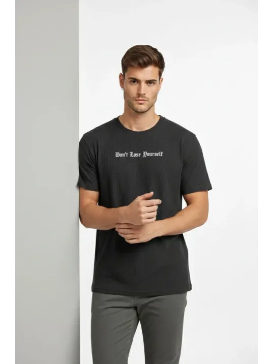 Erkek Wafıl Kumaş Tişört Regular Kalıp Bisiklet Yaka Baskılı Günlük Basic T-shirt - Siyah