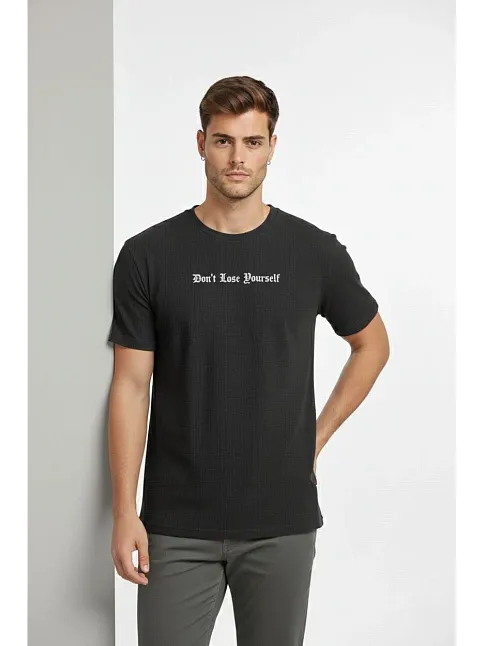 Erkek Wafıl Kumaş Tişört Regular Kalıp Bisiklet Yaka Baskılı Günlük Basic T-shirt - Siyah