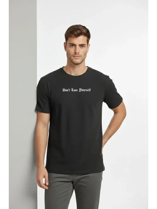Erkek Wafıl Kumaş Tişört Regular Kalıp Bisiklet Yaka Baskılı Günlük Basic T-shirt - Siyah