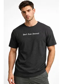 Erkek Wafıl Kumaş Tişört Regular Kalıp Bisiklet Yaka Baskılı Günlük Basic T-shirt - Siyah