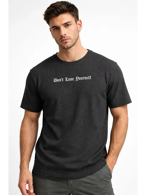 Erkek Wafıl Kumaş Tişört Regular Kalıp Bisiklet Yaka Baskılı Günlük Basic T-shirt - Siyah