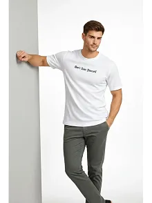 Erkek Wafıl Kumaş Tişört Regular Kalıp Bisiklet Yaka Baskılı Günlük Basic T-shirt - Beyaz