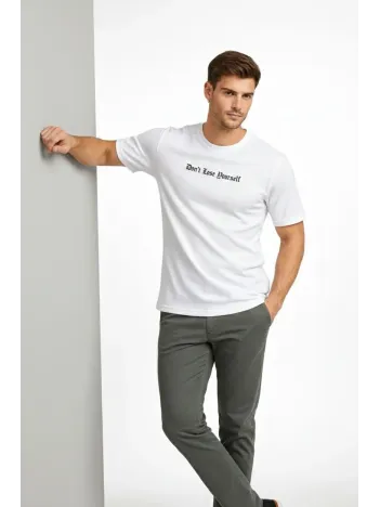 Erkek Wafıl Kumaş Tişört Regular Kalıp Bisiklet Yaka Baskılı Günlük Basic T-shirt - Beyaz