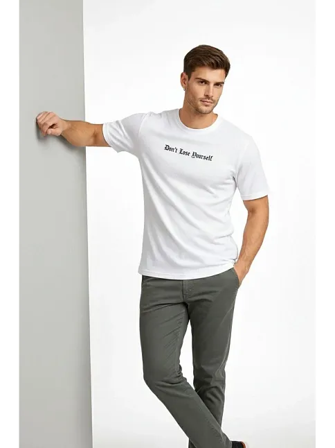 Erkek Wafıl Kumaş Tişört Regular Kalıp Bisiklet Yaka Baskılı Günlük Basic T-shirt - Beyaz