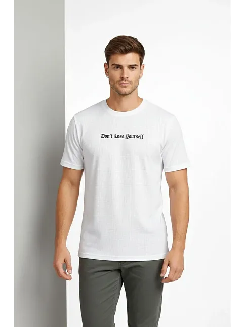 Erkek Wafıl Kumaş Tişört Regular Kalıp Bisiklet Yaka Baskılı Günlük Basic T-shirt - Beyaz