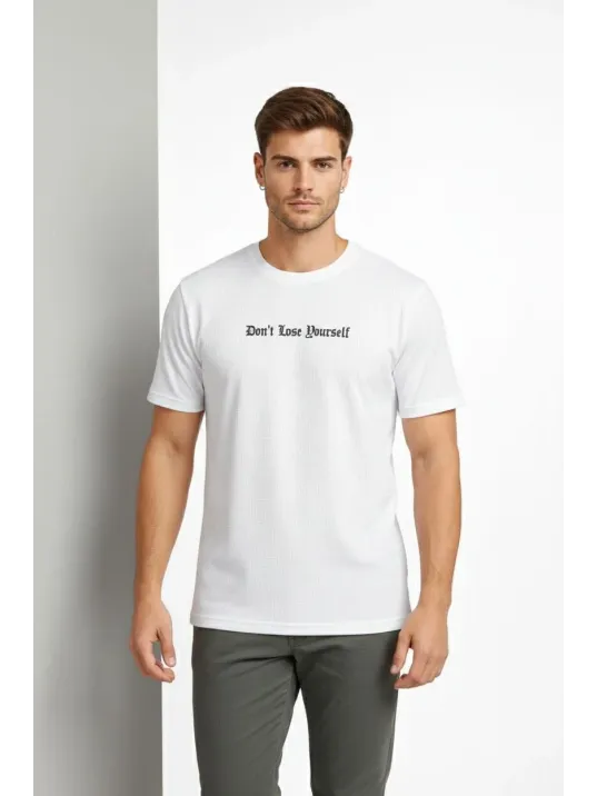 Erkek Wafıl Kumaş Tişört Regular Kalıp Bisiklet Yaka Baskılı Günlük Basic T-shirt - Beyaz