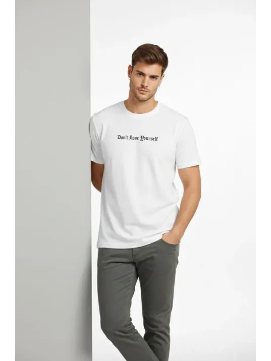 Erkek Wafıl Kumaş Tişört Regular Kalıp Bisiklet Yaka Baskılı Günlük Basic T-shirt - Beyaz