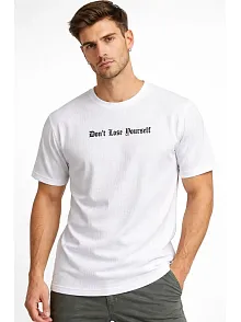Erkek Wafıl Kumaş Tişört Regular Kalıp Bisiklet Yaka Baskılı Günlük Basic T-shirt - Beyaz