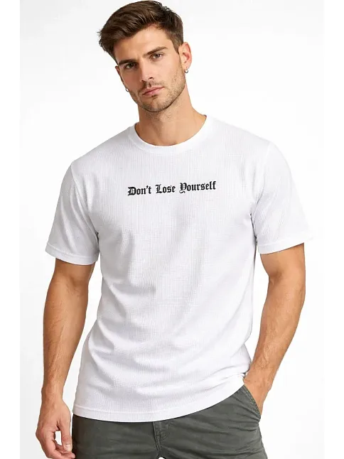 Erkek Wafıl Kumaş Tişört Regular Kalıp Bisiklet Yaka Baskılı Günlük Basic T-shirt - Beyaz