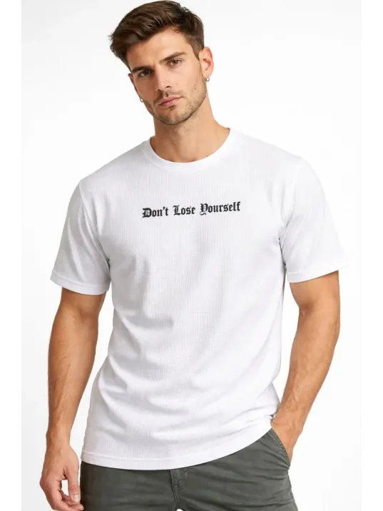 Erkek Wafıl Kumaş Tişört Regular Kalıp Bisiklet Yaka Baskılı Günlük Basic T-shirt - Beyaz