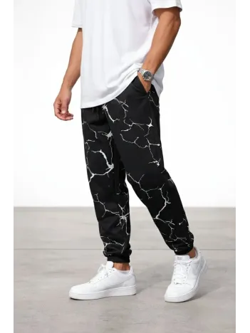 Erkek Dijital Baskılı Eşofman Altı Kışlık Üç İplik Şardonlu Kumaş Lastikli Paça, Cepli, Rahat Kalıp - Siyah