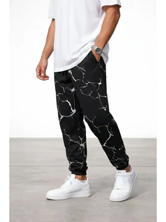 Erkek Dijital Baskılı Eşofman Altı Kışlık Üç İplik Şardonlu Kumaş Lastikli Paça, Cepli, Rahat Kalıp - Siyah