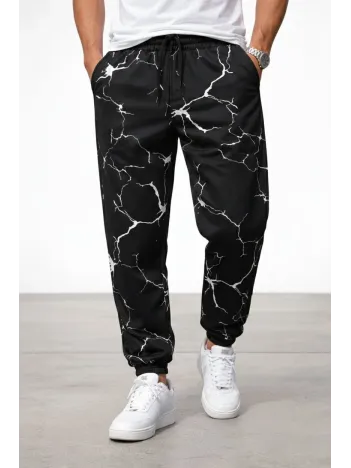 Erkek Dijital Baskılı Eşofman Altı Kışlık Üç İplik Şardonlu Kumaş Lastikli Paça, Cepli, Rahat Kalıp - Siyah