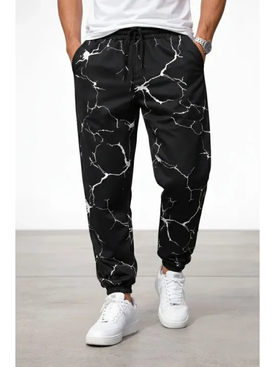 Erkek Dijital Baskılı Eşofman Altı Kışlık Üç İplik Şardonlu Kumaş Lastikli Paça, Cepli, Rahat Kalıp - Siyah