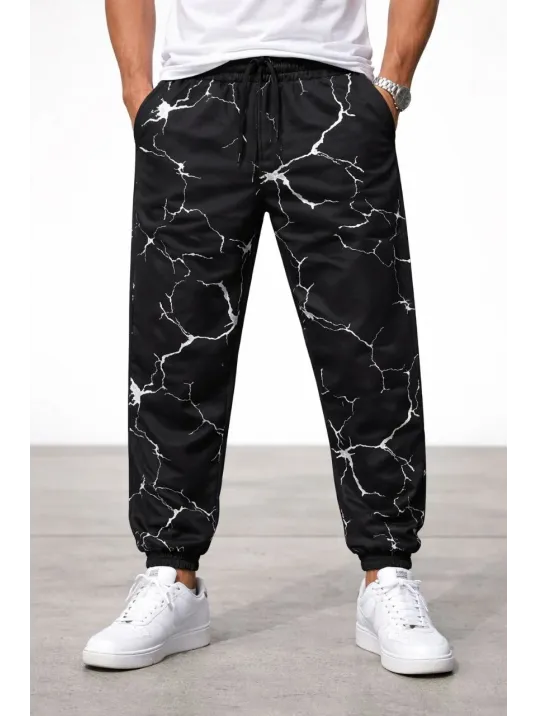 Erkek Dijital Baskılı Eşofman Altı Kışlık Üç İplik Şardonlu Kumaş Lastikli Paça, Cepli, Rahat Kalıp - Siyah