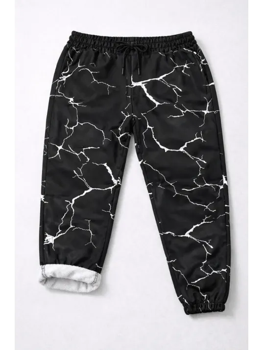 Erkek Dijital Baskılı Eşofman Altı Kışlık Üç İplik Şardonlu Kumaş Lastikli Paça, Cepli, Rahat Kalıp - Siyah