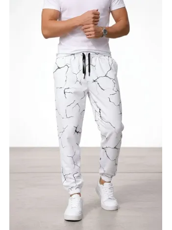 Erkek Dijital Baskılı Eşofman Altı Kışlık Üç İplik Şardonlu Kumaş Lastikli Paça, Cepli, Rahat Kalıp - Beyaz