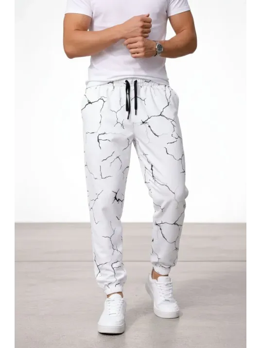 Erkek Dijital Baskılı Eşofman Altı Kışlık Üç İplik Şardonlu Kumaş Lastikli Paça, Cepli, Rahat Kalıp - Beyaz
