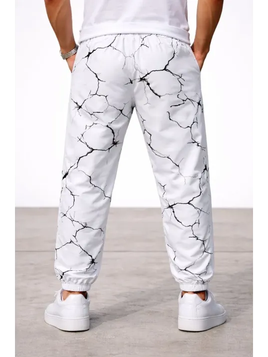 Erkek Dijital Baskılı Eşofman Altı Kışlık Üç İplik Şardonlu Kumaş Lastikli Paça, Cepli, Rahat Kalıp - Beyaz