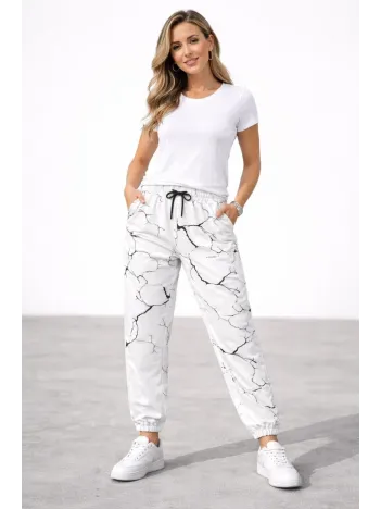 Kadın Dijital Baskılı Eşofman Altı Kışlık Üç İplik Şardonlu Kumaş Lastikli Paça, Cepli, Rahat Kalıp - Beyaz