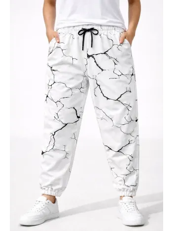 Kadın Dijital Baskılı Eşofman Altı Kışlık Üç İplik Şardonlu Kumaş Lastikli Paça, Cepli, Rahat Kalıp - Beyaz