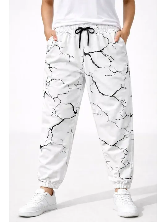 Kadın Dijital Baskılı Eşofman Altı Kışlık Üç İplik Şardonlu Kumaş Lastikli Paça, Cepli, Rahat Kalıp - Beyaz