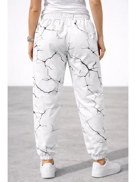 Kadın Dijital Baskılı Eşofman Altı Kışlık Üç İplik Şardonlu Kumaş Lastikli Paça, Cepli, Rahat Kalıp - Beyaz