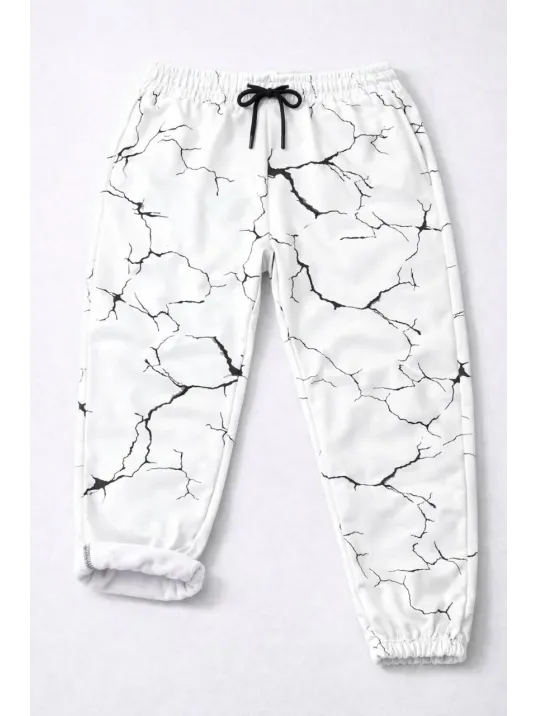 Kadın Dijital Baskılı Eşofman Altı Kışlık Üç İplik Şardonlu Kumaş Lastikli Paça, Cepli, Rahat Kalıp - Beyaz