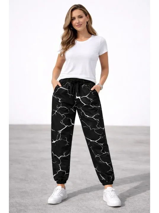 Kadın Dijital Baskılı Eşofman Altı Kışlık Üç İplik Şardonlu Kumaş Lastikli Paça, Cepli, Rahat Kalıp - Siyah