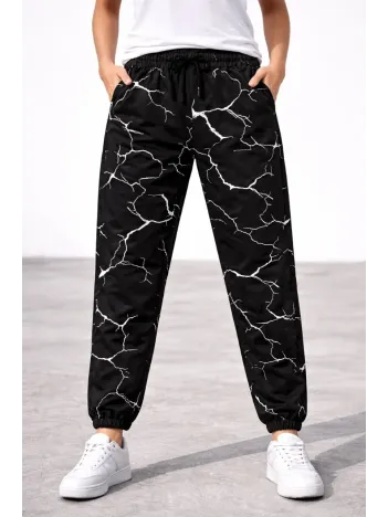 Kadın Dijital Baskılı Eşofman Altı Kışlık Üç İplik Şardonlu Kumaş Lastikli Paça, Cepli, Rahat Kalıp - Siyah