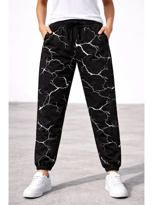 Kadın Dijital Baskılı Eşofman Altı Kışlık Üç İplik Şardonlu Kumaş Lastikli Paça, Cepli, Rahat Kalıp - Siyah