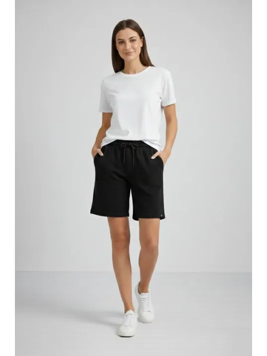 Kadın Dokuma Otoban Şort Beli Lastikli Bağcıklı, Cepli, Rahat Kesim Günlük Yazlık Şort - Siyah