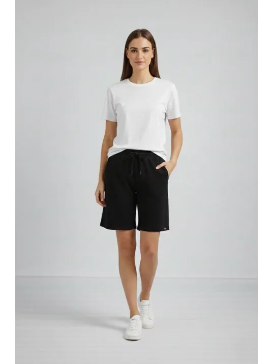 Kadın Dokuma Otoban Şort Beli Lastikli Bağcıklı, Cepli, Rahat Kesim Günlük Yazlık Şort - Siyah