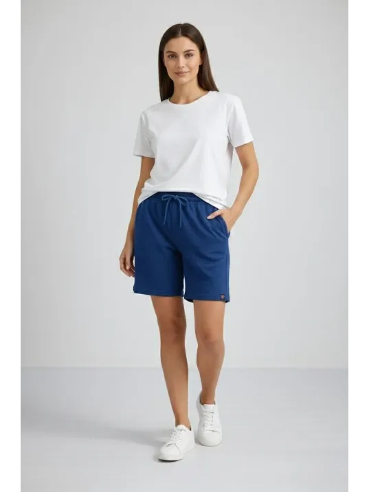 Kadın Dokuma Otoban Şort Beli Lastikli Bağcıklı, Cepli, Rahat Kesim Günlük Yazlık Şort - İndigo