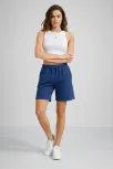 Kadın Dokuma Otoban Şort Beli Lastikli Bağcıklı, Cepli, Rahat Kesim Günlük Yazlık Şort - İndigo
