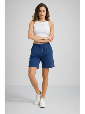Kadın Dokuma Otoban Şort Beli Lastikli Bağcıklı, Cepli, Rahat Kesim Günlük Yazlık Şort - İndigo