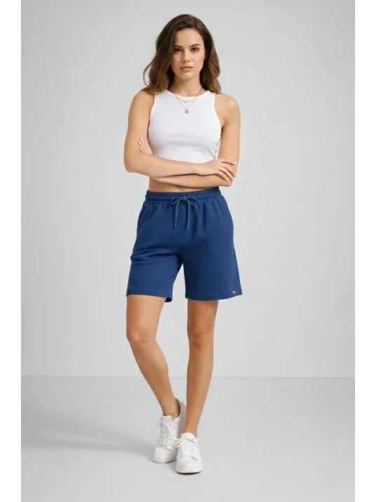 Kadın Dokuma Otoban Şort Beli Lastikli Bağcıklı, Cepli, Rahat Kesim Günlük Yazlık Şort - İndigo