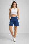 Kadın Dokuma Otoban Şort Beli Lastikli Bağcıklı, Cepli, Rahat Kesim Günlük Yazlık Şort - İndigo
