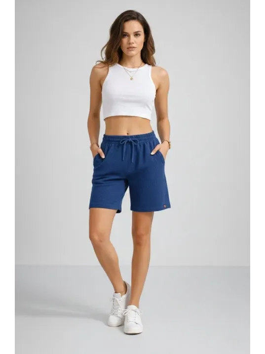 Kadın Dokuma Otoban Şort Beli Lastikli Bağcıklı, Cepli, Rahat Kesim Günlük Yazlık Şort - İndigo