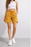 Kadın Dokuma Otoban Şort Beli Lastikli Bağcıklı, Cepli, Rahat Kesim Günlük Yazlık Şort - Hardal