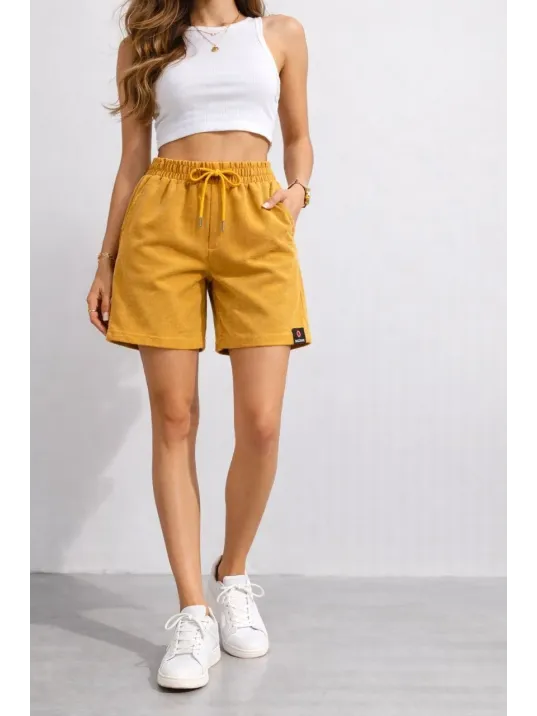 Kadın Dokuma Otoban Şort Beli Lastikli Bağcıklı, Cepli, Rahat Kesim Günlük Yazlık Şort - Hardal