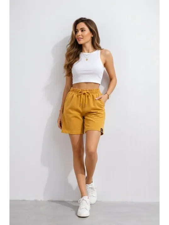 Kadın Dokuma Otoban Şort Beli Lastikli Bağcıklı, Cepli, Rahat Kesim Günlük Yazlık Şort - Hardal