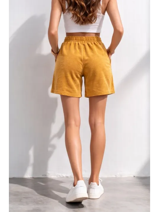 Kadın Dokuma Otoban Şort Beli Lastikli Bağcıklı, Cepli, Rahat Kesim Günlük Yazlık Şort - Hardal