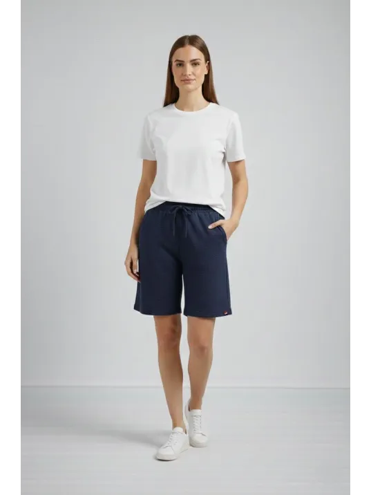 Kadın Dokuma Otoban Şort Beli Lastikli Bağcıklı, Cepli, Rahat Kesim Günlük Yazlık Şort - Lacivert