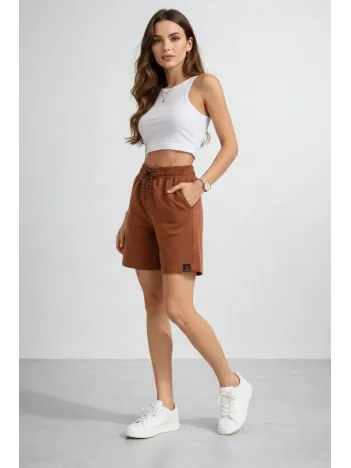 Kadın Dokuma Otoban Şort Beli Lastikli Bağcıklı, Cepli, Rahat Kesim Günlük Yazlık Şort - Kahverengi
